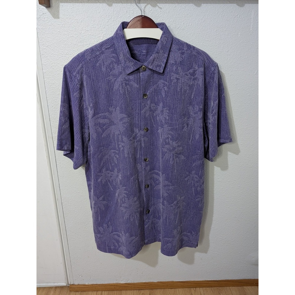 Tommy Bahama Men's L 100% Silk Shirt Teal Textured Palm Print Tropical
